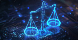 digital scales of justice representing trade secrets, AI governance, and technology law risks