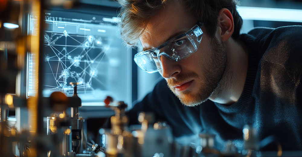 A researcher in a quantum computing lab studies equipment connected to a computer displaying quantum network data.