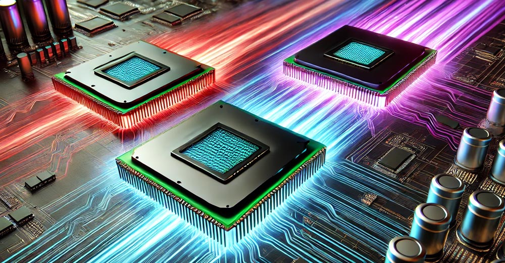 AI chips on circuit board with data streams representing next-gen hardware disruption