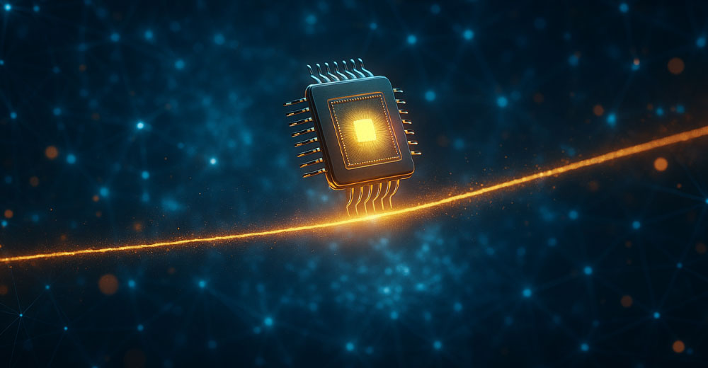 A glowing microchip balances on a tightrope made of light, suspended over a digital network representing algorithmic complexity and Big Tech’s control of AI systems.