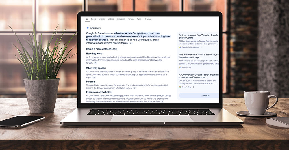 Laptop screen displaying Google AI Overview explanation with search results sidebar, illustrating how the feature summarizes web content.