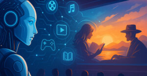 A humanoid robot sits in a theater watching a screen showing a couple at sunset, surrounded by icons of games, books, and music — symbolizing AI’s expanding role in entertainment.