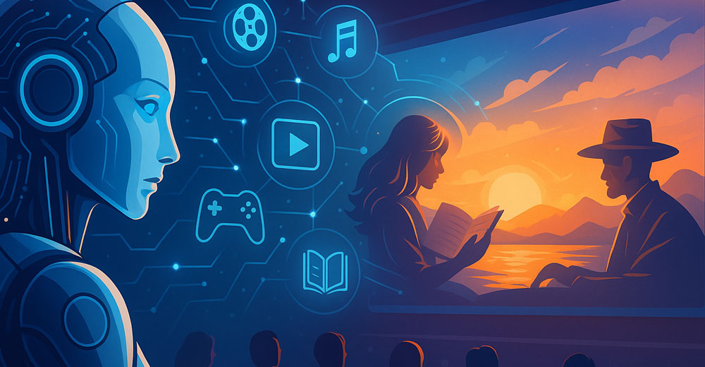 A humanoid robot sits in a theater watching a screen showing a couple at sunset, surrounded by icons of games, books, and music — symbolizing AI’s expanding role in entertainment.