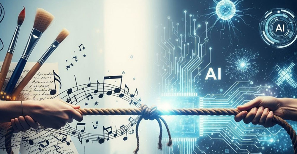 Illustration of AI vs. human creativity showing a tug-of-war between traditional art tools, music notes, and digital AI symbols, representing copyright conflict.