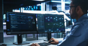 IT professional monitors AI analytics and cybersecurity dashboards, with hidden risks of shadow AI and unapproved SaaS tool usage in focus.