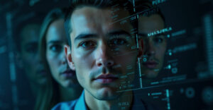 Faces overlaid with digital identity data, representing how criminals increasingly exploit stolen personal information for larger financial gains and deeper emotional impact.