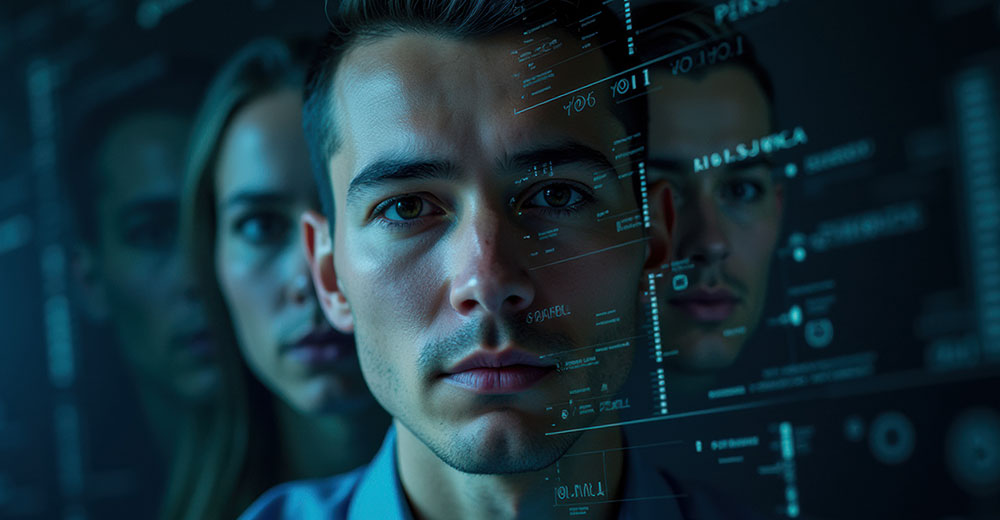 Faces overlaid with digital identity data, representing how criminals increasingly exploit stolen personal information for larger financial gains and deeper emotional impact.