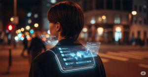 Person walking through city with ambient AI interface projected from wearable device, symbolizing the future of screenless, context-aware computing.