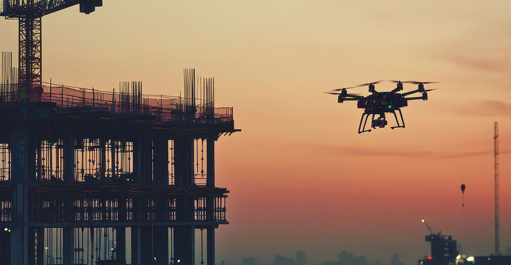 Drone flying near a building under construction at sunset