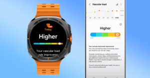 Galaxy Watch and Samsung smartphone showing vascular load data, part of Samsung's planned Health Hub to help users and doctors track cardiovascular health.