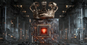 Processor with a crown symbolizing AMD Threadripper’s dominance in high-performance computing.
