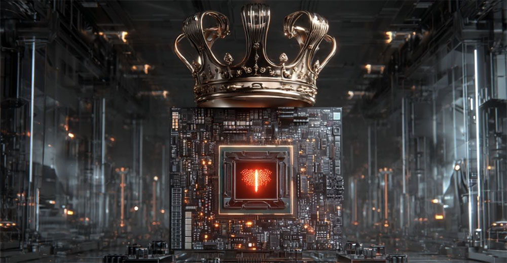 Processor with a crown symbolizing AMD Threadripper’s dominance in high-performance computing.