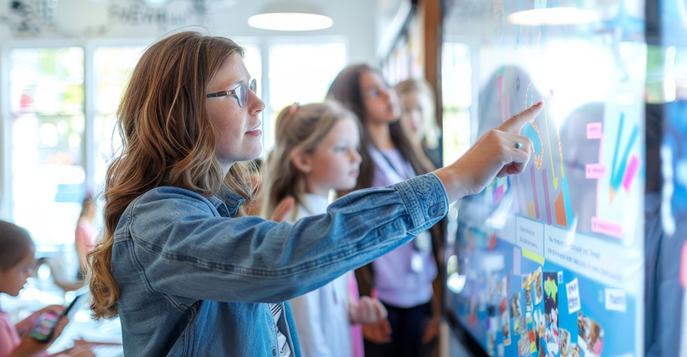 Students using a large interactive digital screen in a classroom to explore learning activities and technology.