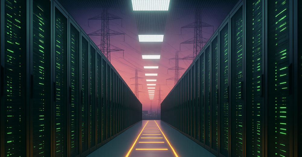 Wide-angle view of a modern data center aisle with glowing green server racks and illuminated floor panels, blending into a backdrop of towering electrical transmission towers against a colorful twilight sky.