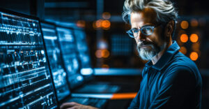 Engineer working at multi-screen workstation with complex system dashboards and data visualizations