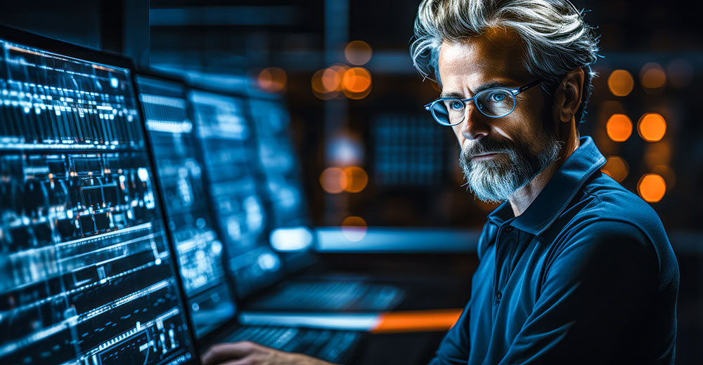 Engineer working at multi-screen workstation with complex system dashboards and data visualizations