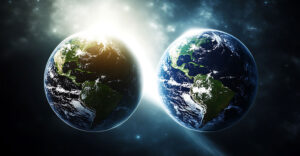 Two Earths side by side representing the real world and its digital twin in space.