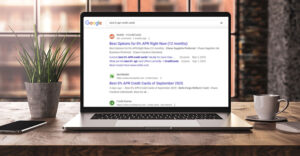 Laptop displaying Google search results for 'best 0% APR credit cards,' showing top-ranked sites like Reddit and NerdWallet.