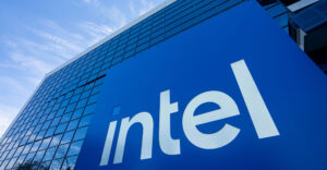 Intel sign in front of the Robert Noyce Building at Intel Corporation's headquarters campus in Santa Clara, Calif.
