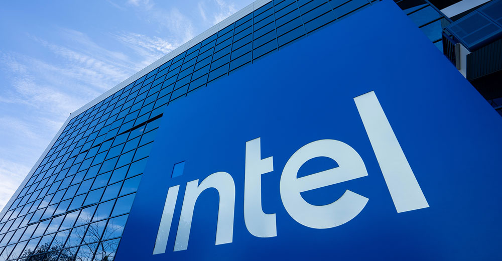 Intel sign in front of the Robert Noyce Building at Intel Corporation's headquarters campus in Santa Clara, Calif.