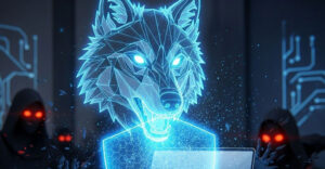 Digital wolf shield protecting laptop from cyberattackers.