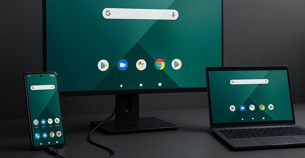 Android smartphone docked into a monitor and laptop, both running Android interface, illustrating the concept of a phone powering a full desktop experience.