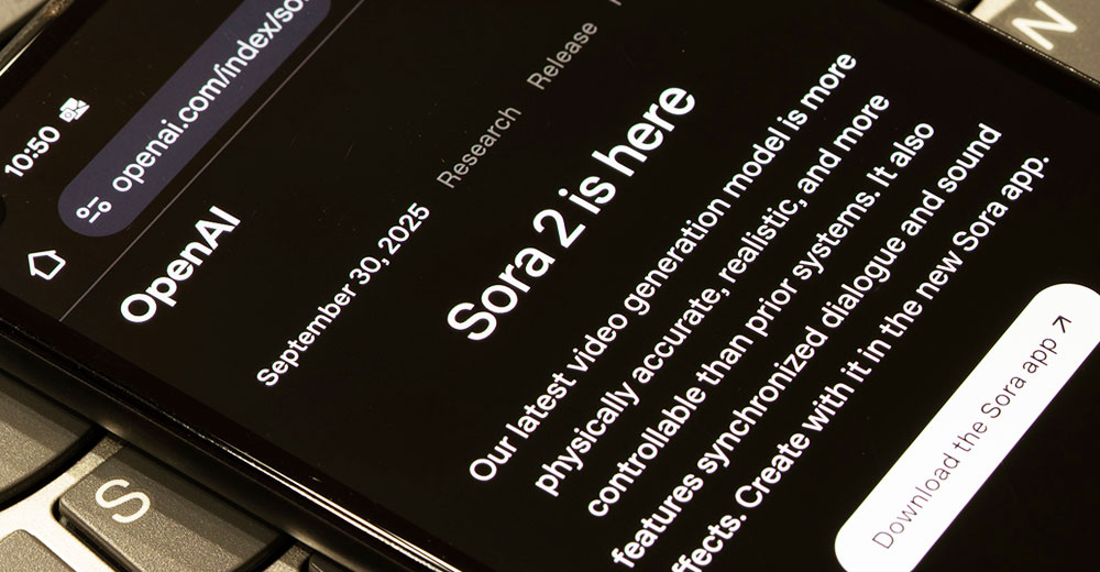 Smartphone screen displaying OpenAI’s Sora 2 launch page, highlighting the release announcement of the AI video generator
