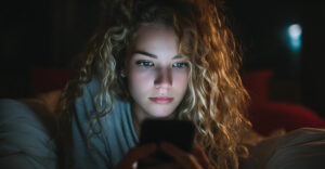 Person lying in bed at night illuminated by smartphone screen, reflecting emotional connection and dependence on AI chat companions.
