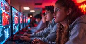 Students in a computer lab analyzing cybersecurity threats