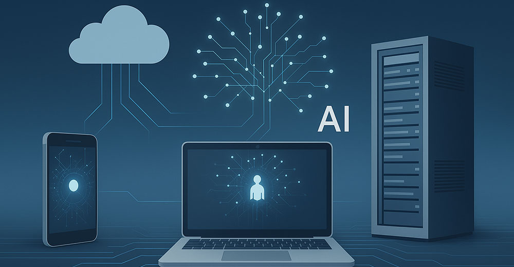 Connected phone, laptop, cloud, and server illustrating a unified AI ecosystem, similar to Lenovo’s vision for personal AI across devices.