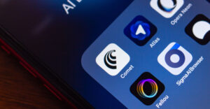 Smartphone screen showing a folder labeled AI Browsers with app icons for Comet, Atlas, Opera Neon, SigmaAI Browser, and Fellou.