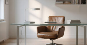 Minimalist home office with a glass desk, leather chair, and soft natural lighting.