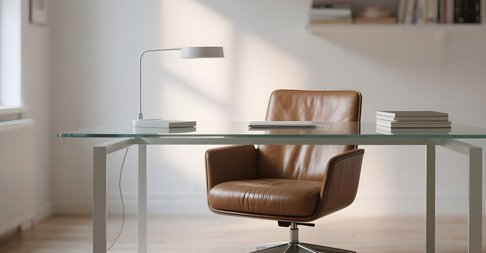 Minimalist home office with a glass desk, leather chair, and soft natural lighting.