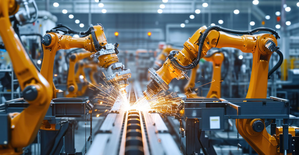 Industrial robotic arms welding components on a modern U.S. factory production line.