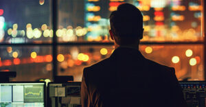Security analyst in a monitoring center, observing multiple data screens and global activity.