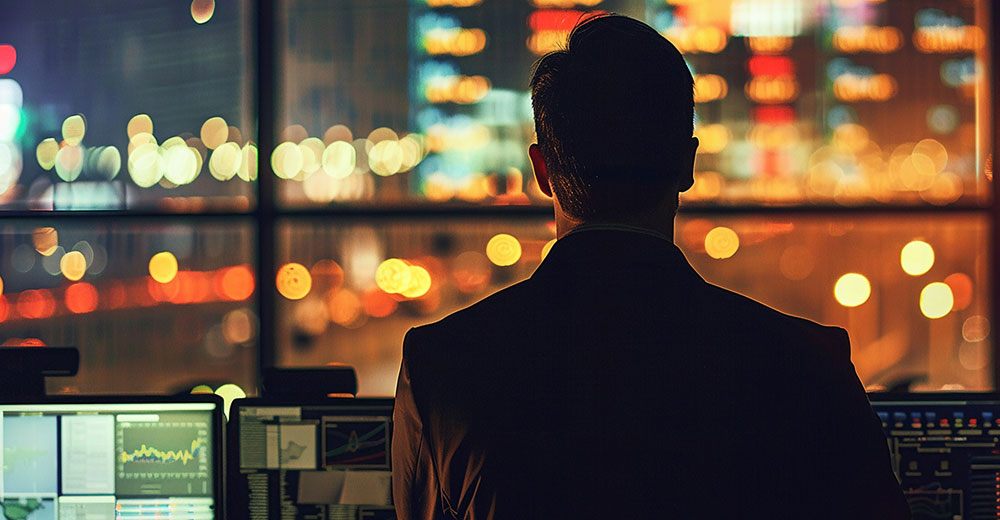 Security analyst in a monitoring center, observing multiple data screens and global activity.