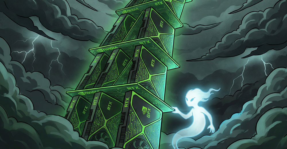 AI-generated illustration of a towering stack of Nvidia GPU cards arranged like a fragile house of cards, with a ghostly figure symbolizing Spectral’s disruptive influence.