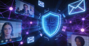 Abstract illustration showing digital faces and a security shield representing identity protection against AI-driven social engineering.