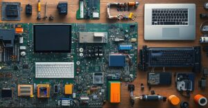 Disassembled electronic devices and components laid out on a worktable, showing the materials and design complexity involved in improving reuse and recycling.