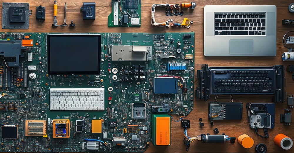 Disassembled electronic devices and components laid out on a worktable, showing the materials and design complexity involved in improving reuse and recycling.
