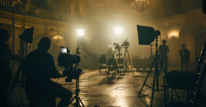 Traditional film crew preparing a cinematic scene, reflecting the kind of production work generative AI tools like Sora may soon replace or dramatically reshape.