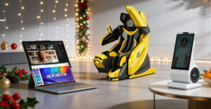 Laptop, AI companion robot, and smart massage chair representing 2025 tech innovations