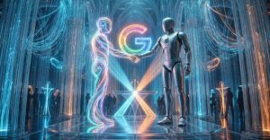 Futuristic handshake illustrating Apple’s AI deal with Google Gemini