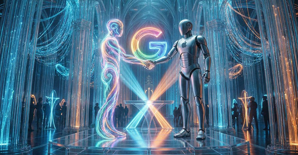 Futuristic handshake illustrating Apple’s AI deal with Google Gemini