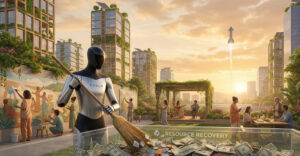 Humanoid robot sweeping money in a post-scarcity cityscape