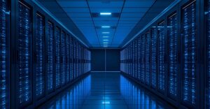 Enterprise data center aisle with rows of server racks supporting large-scale database workloads