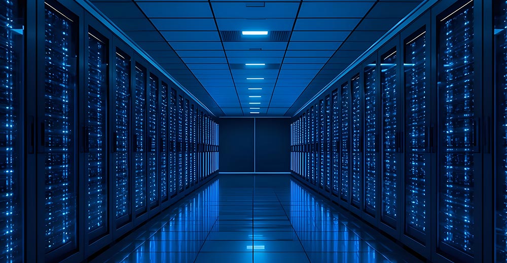 Enterprise data center aisle with rows of server racks supporting large-scale database workloads