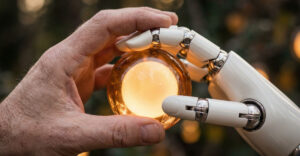 Human and robotic hands holding a glowing sphere symbolizing collaboration between artificial intelligence and human decision-making