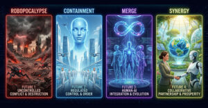 Four-panel AI future concept image showing robopocalypse conflict, AI containment society, human-AI merge, and collaborative synergy scenarios