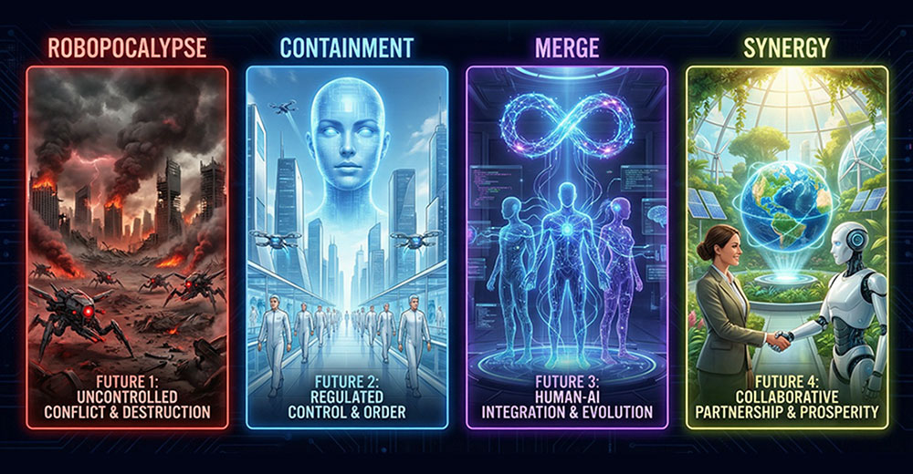 Four-panel AI future concept image showing robopocalypse conflict, AI containment society, human-AI merge, and collaborative synergy scenarios